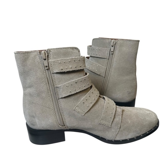Black Suede Studio Tan Suede Layla Bootie Size 8.5 Studded Buckles Neutral - Picture 4 of 7